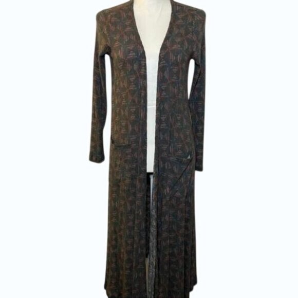 LuLaRoe Sarah Duster Cardigan – Gray Rib Knit, Abstract Print, Pockets, M - Picture 1 of 7